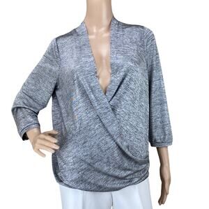 The Limited Women Heather Gray Metallic Knit Faux Wrap V-Neck Sweater Top M